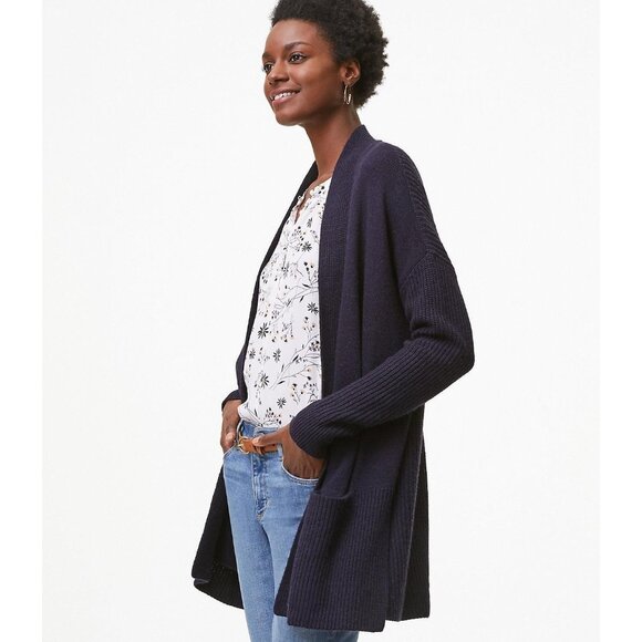 Loft Women's Rib Trim Pocket Open Cardigan Sweater in Navy Blue and size Small - Picture 1 of 10